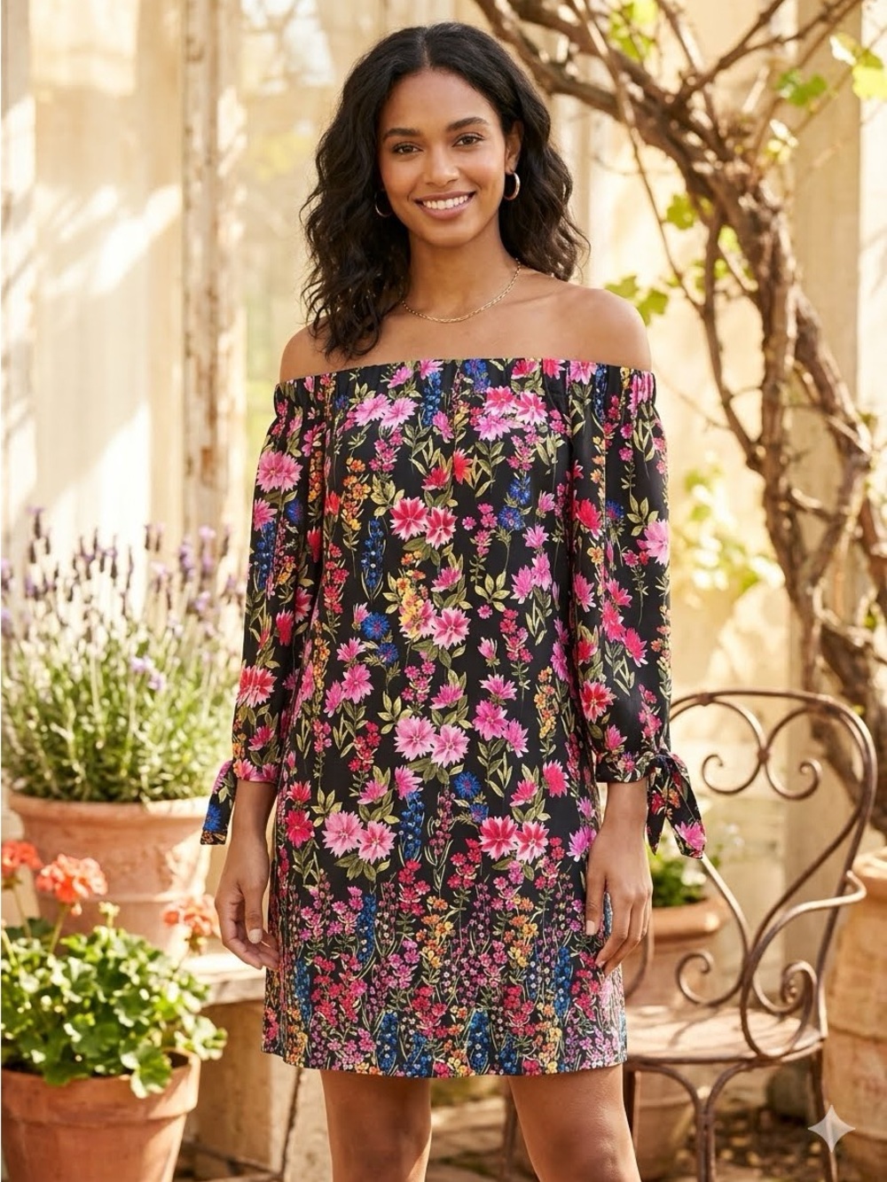 Vince Camuto Off The Shoulder Floral Shift Dress Sz 6 Pink Black Tie Sleeve